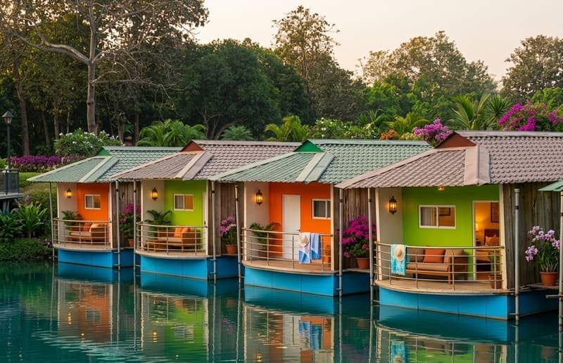 Brightly painted boat houses moored side by side on green water
