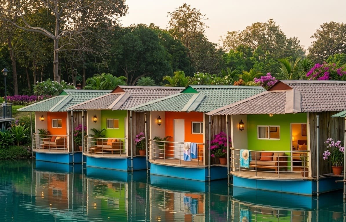 Brightly painted boat houses moored side by side on the water