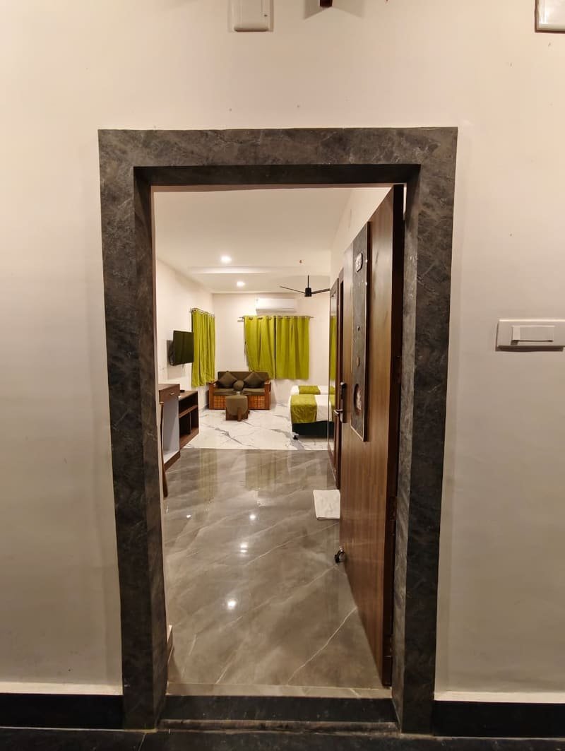 A room seen through its open doorway